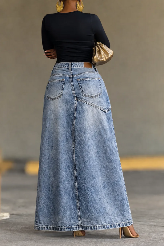 Falda Midi Denim de Cintura Alta