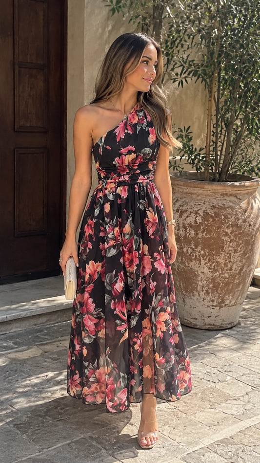 Vestido Maxi de Gasa de Un Solo Hombro