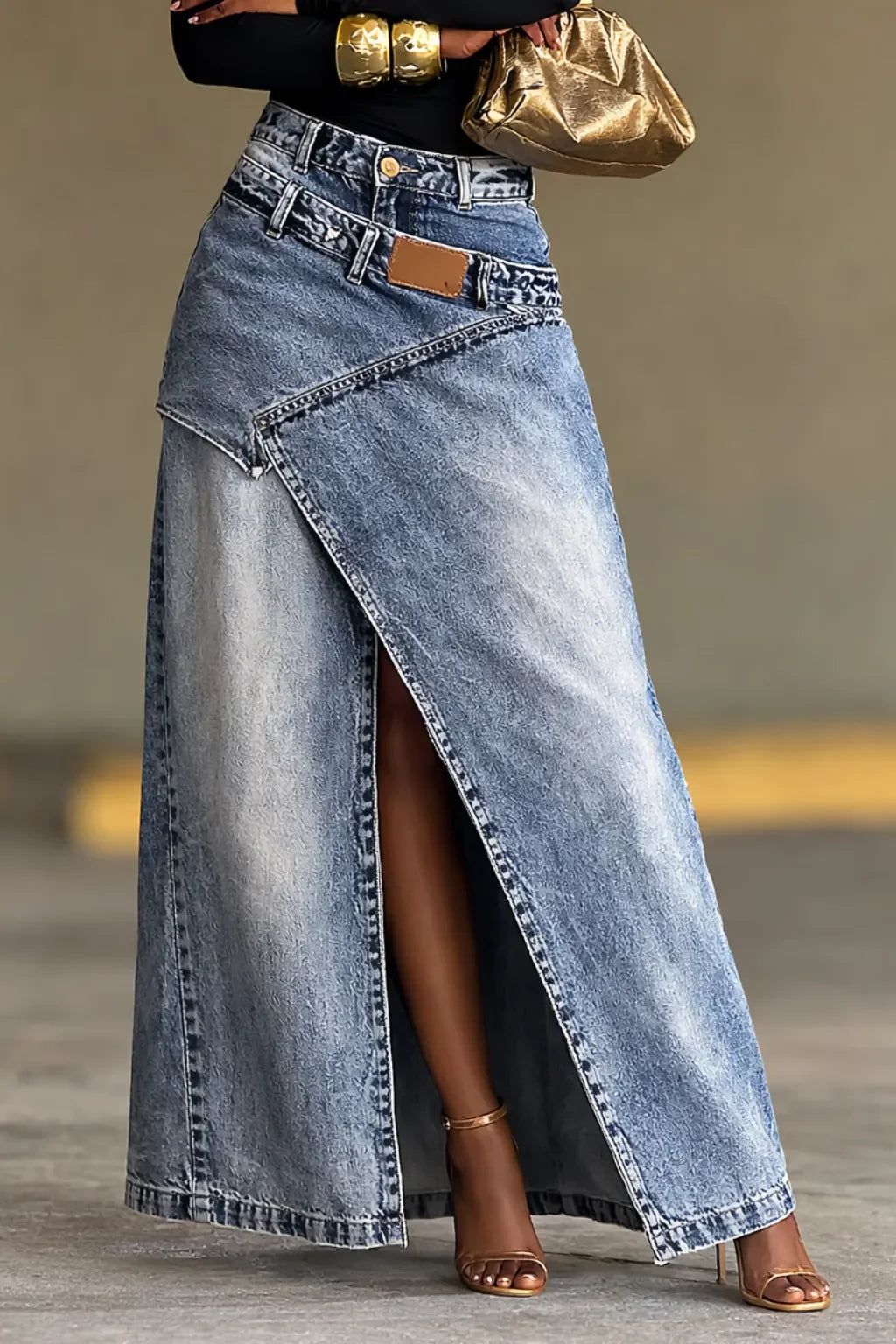 Falda Midi Denim de Cintura Alta