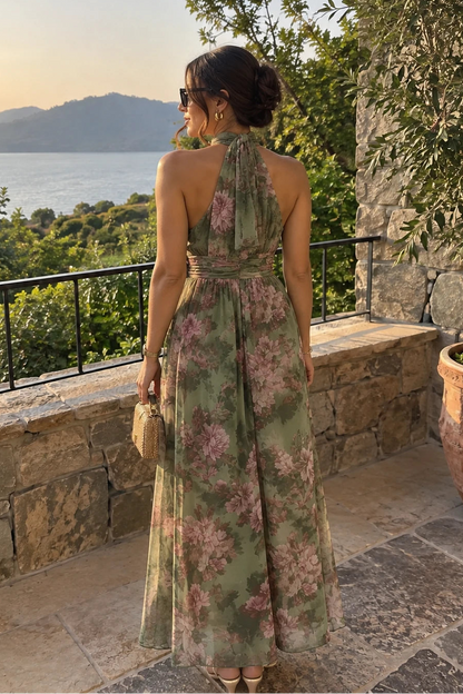 Lidia™ | Vestido Maxi Floral con Cuello Halter