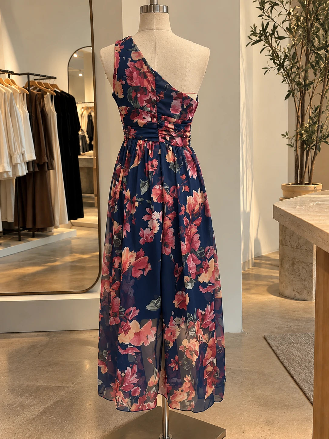 Vestido Maxi de Gasa de Un Solo Hombro