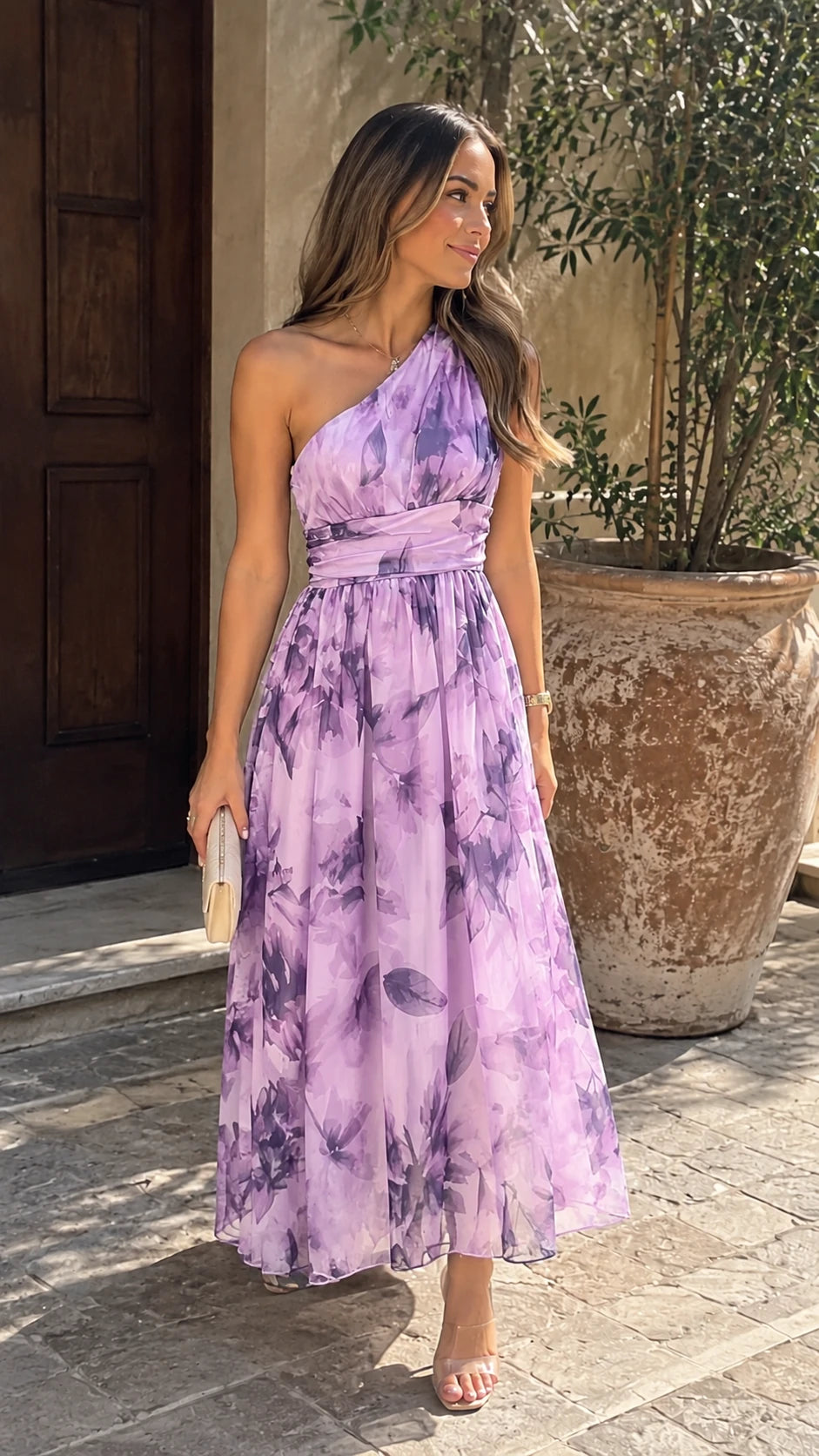 Vestido Maxi de Gasa de Un Solo Hombro