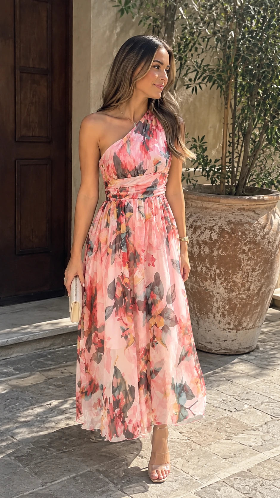 Vestido Maxi de Gasa de Un Solo Hombro